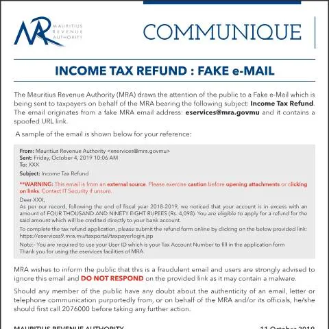 Document preview: Alert: Fake Emails About Income Tax Refunds in Mauritius — Taxes (CERFA n°communique111019)