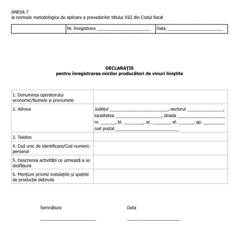 Document preview: Importanța Anexei 7 pentru micii producători de vinuri — Formalități administrative (CERFA n°A7_NMT8CF)