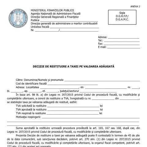 Document preview: Restituirea taxei pe valoarea adăugată conform OPANAF 1559/2016 — Impozite & fiscalitate (CERFA n°A2_OPANAF_1559_2016)
