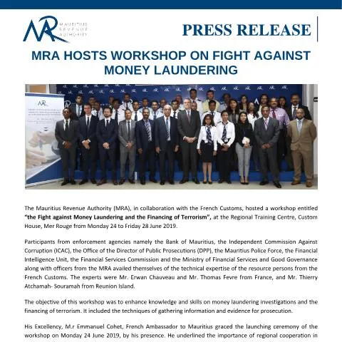 Document preview: MRA Hosts Comprehensive Workshop on Financial Crime Prevention — Government & admin (PressRelease010719)