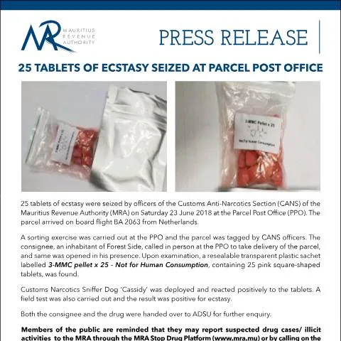 Document preview: Significant Drug Seizure at Parcel Post Office — Government & admin (PressReleaseEctasyTablets)