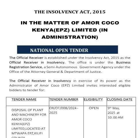 Document preview: Key Details on Amor Coco Kenya (EPZ) Limited Tender Notice — Government & admin (CERFA n°TENDER-NOTICE-AMOR-COCO-KENYAEPZ-LIMITED)