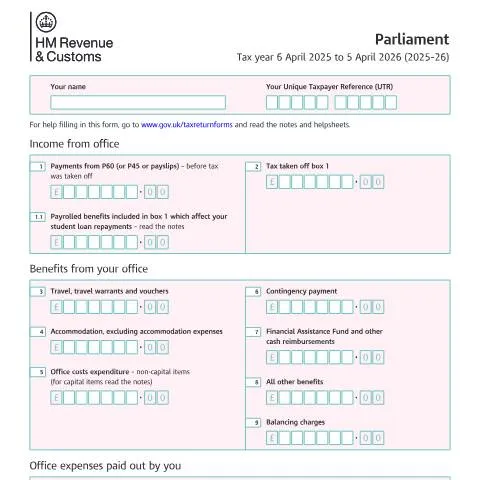 Document preview: Parliamentary Self Assessment: SA102MP Form Guide for UK MPs — Taxes