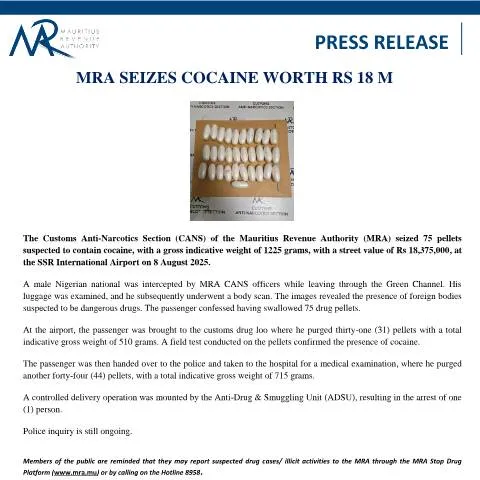 Document preview: Cocaine Seizure by MRA: A Major Drug Trafficking Interception — Government & admin (PressRelease110825)