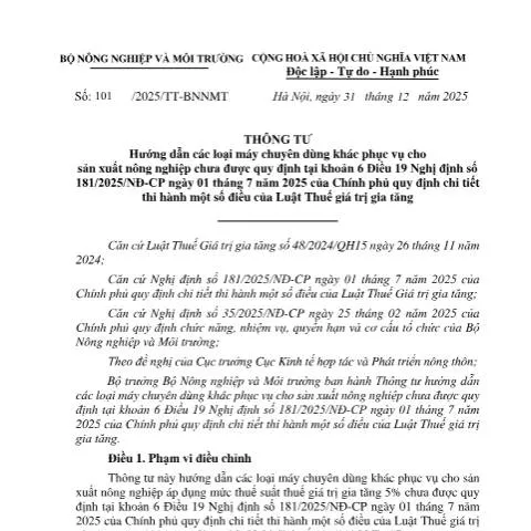 Document preview: Thông tư 101/2025/TT-BNNMT: Khung pháp lý cho máy nông nghiệp — Thuế & tài chính (CERFA n°101/2025/TT-BNNMT)