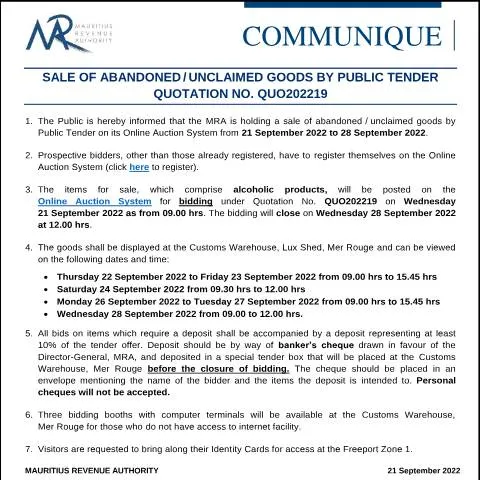 Document preview: Understanding the MRA Public Tender for Abandoned Goods — Government & admin (CommuniqueQuo202219)
