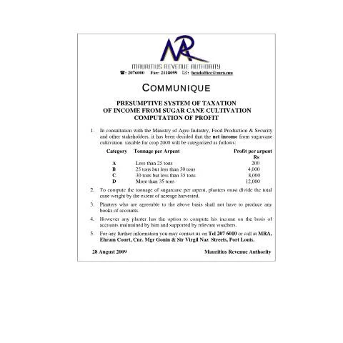 Document preview: Introduction to the Presumptive Taxation System for Sugar Cane — Taxes (CERFA n°CommuniqueSugarCane)