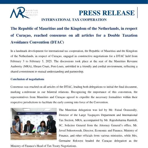 Document preview: Strategic Tax Diplomacy: Mauritius and Netherlands Finalize DTAC — Taxes (CERFA n°PressRelease3070225)