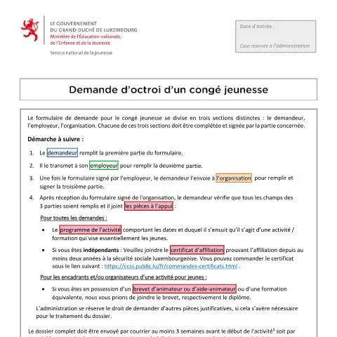 Aperçu du document Tout savoir sur le congé jeunesse à Luxembourg — Emploi & travail (CERFA n°conge-jeunesse-demande)