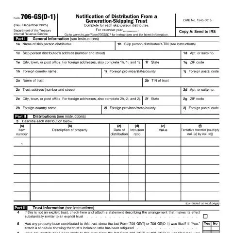 Document preview: Navigating IRS Form 706-GS(D-1) for Generation-Skipping Trusts — Taxes (CERFA n°706GSD1)