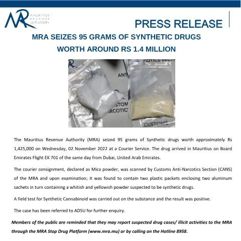 Document preview: Understanding the Impact of Synthetic Drug Seizures in Mauritius — Government & admin (PressReleaseDrugs071122)