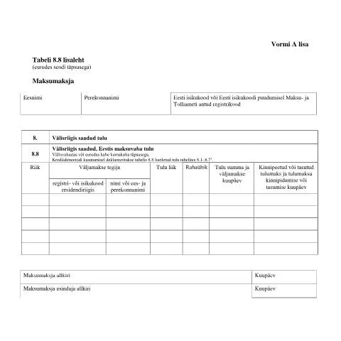 Document preview: Miks on Tabeli lisa 8.8 vajalik Eesti maksumaksjatele? — Maksud ja maksustamine (CERFA n°VORM A TABEL 8.8 LISALEHT)