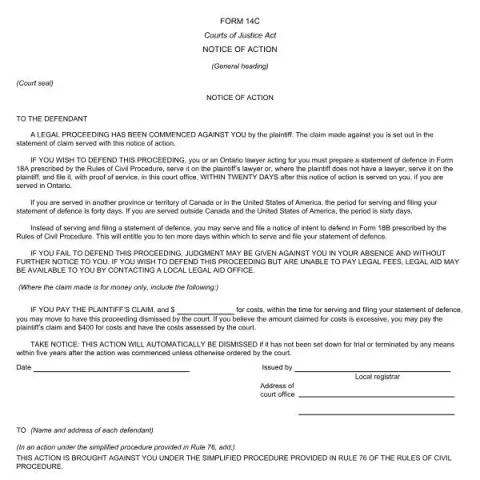 Document preview: Understanding the Notice of Action (Form 14C) in Canadian Civil — Legal & justice (FORM 14C)