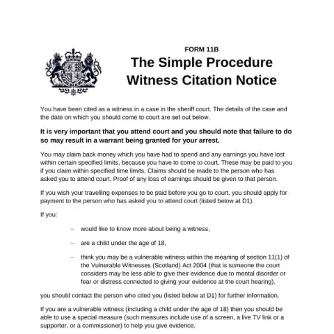 Document preview: Understanding the Witness Citation Notice (Form 11B) from Scottish — Legal & justice (Form 11B)