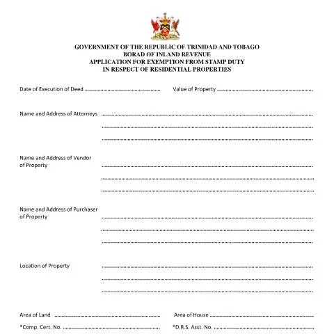 Document preview: Guide to Applying for Stamp Duty Exemption in Trinidad and Tobago — Government & admin (CERFA n°APPLICATION FOR EXEMPTION FROM STAMP DUTY IN RESPECT OF RESIDENTIAL PROPERTIES)