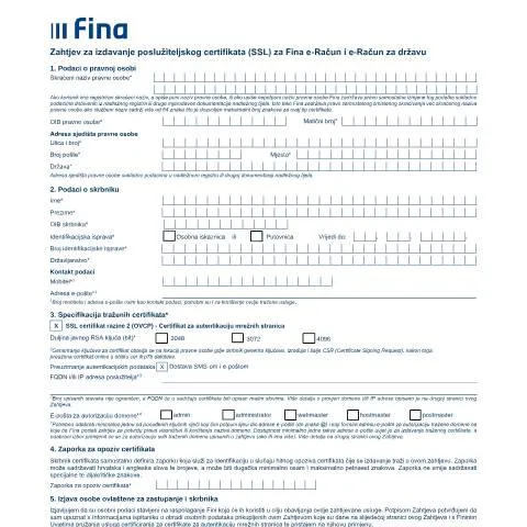 Document preview: Kako podnijeti Zahtjev za poslužiteljski certifikat FINA — Administrativni postupci (CERFA n°ZahtjevPosluziteljskieIDASeRacun)