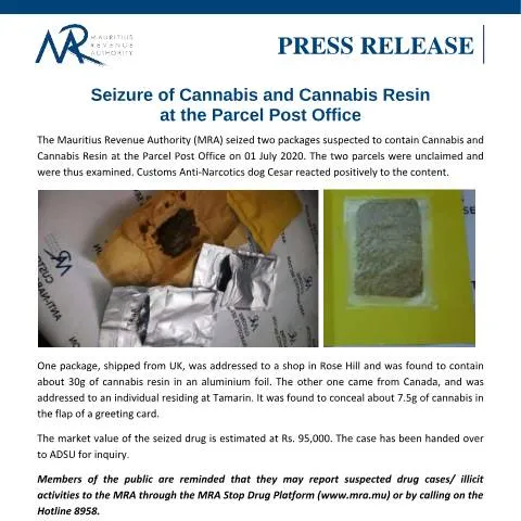 Document preview: Key Insights on Cannabis Seizure in Mauritius — Government & admin (PressRelease010720)