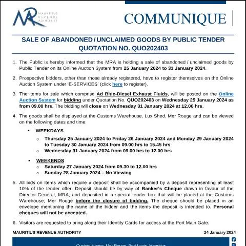 Document preview: Official Notice: Sale of Abandoned and Unclaimed Goods by Public — Government & admin (CommuniqueQuo202403)
