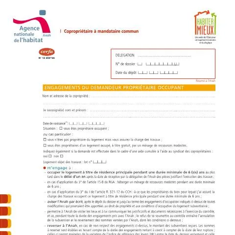 Aperçu du document Engagements obligatoires pour les subventions Anah propriétaires — Logement (CERFA n°13459*04)