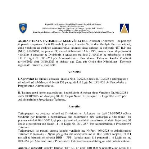 Document preview: Analiza e Vendimit Nr. 410-2025 për Tatimpaguesit — Procedura administrative