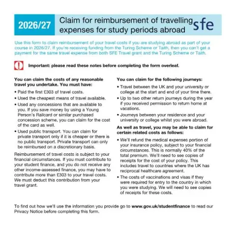 Document preview: How to Get Travel Costs Reimbursed for International Study Placements — Government & admin (SFE/SAEX/2627)