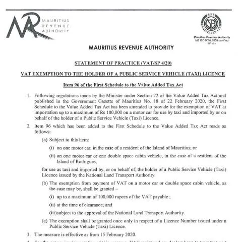 Document preview: Understanding VAT Exemption for Taxi License Holders in Mauritius — Taxes (CERFA n°SOPTaxi)
