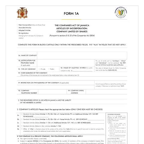 Document preview: Unlocking the Incorporation Process with Form 1A in Jamaica — Government & admin (CERFA n°FORM_1A_11012024)