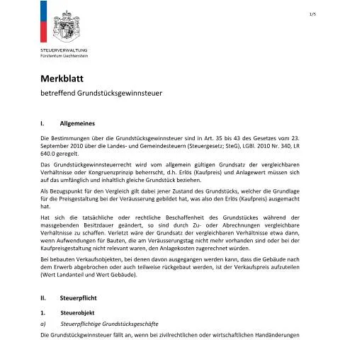 Dokumentvorschau: Wichtige Informationen zur Grundstücksgewinnsteuer in Liechtenstein — Steuern (CERFA n°grundstuecksgewinnsteuer-merkblatt)