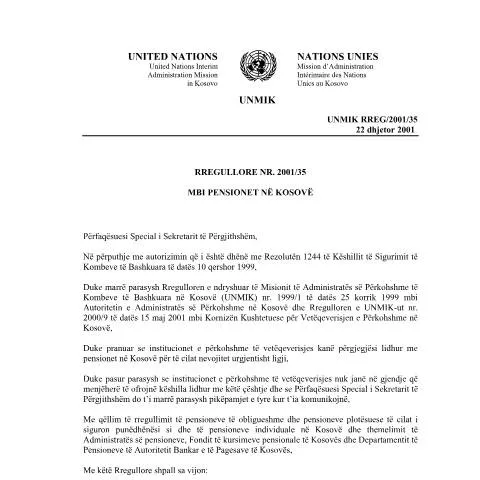 Document preview: Rregullorja nr. 2001/35: Një Udhëzues për Pensionet në Kosovë — Pension & pensionim