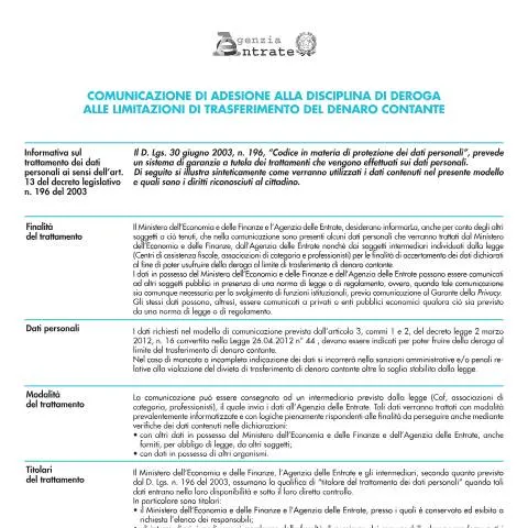 Anteprima documento Procedura di adesione alla deroga all'uso del contante — Pratiche amministrative