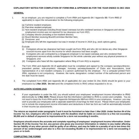 Document preview: Understanding the IR8A Explanatory Notes for Employers in Singapore — Taxes (CERFA n°EXPLANATORY-NOTES-ON-FORM-IR8A-AND-APPENDIX-8A-FOR-YA2025)
