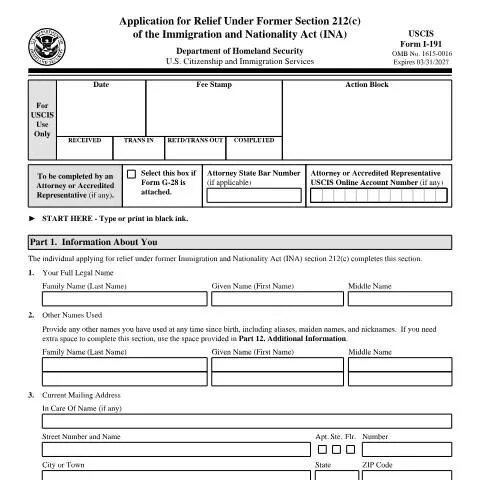 Document preview: Navigating USCIS Form I-191 for Immigration Relief — Immigration & visas (CERFA n°I-191)
