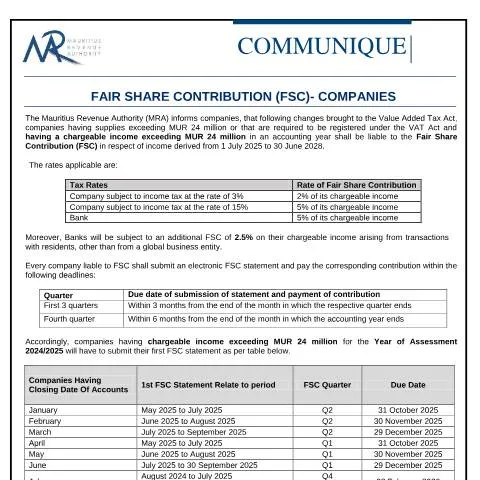 Document preview: Mauritius Fair Share Contribution (FSC) for Companies from 2025 — Taxes (CERFA n°Communique311025)