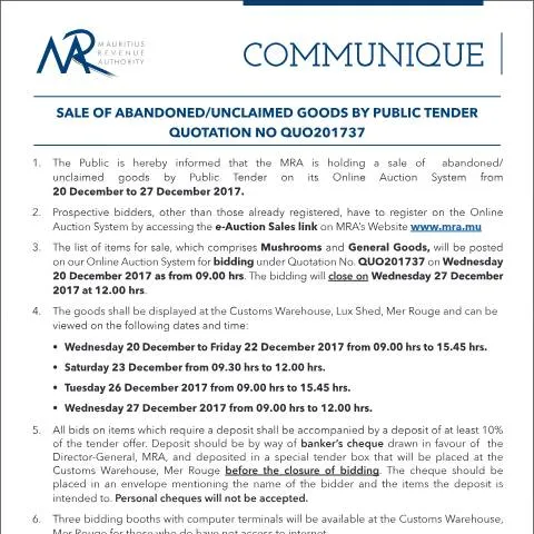Document preview: Mastering the Purchase of Unclaimed Goods via Public Tender — Government & admin (CommuniqueQ37of2017)