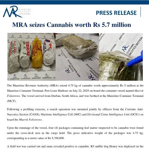 Document preview: Insights on the MRA's Recent Cannabis Seizure in Mauritius — Government & admin (PressRelease240725)