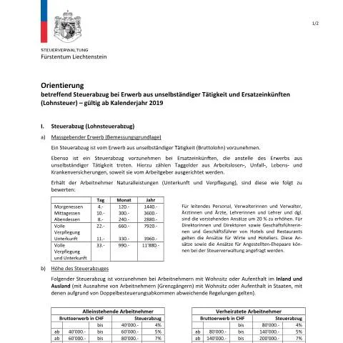 Dokumentvorschau: Wichtige Informationen zur Quellensteuer in Liechtenstein — Steuern (CERFA n°quellensteuer-lohnsteuer-unselbstaendige-taetigkeit-und-ersatzeinkuenfte-orientierung)