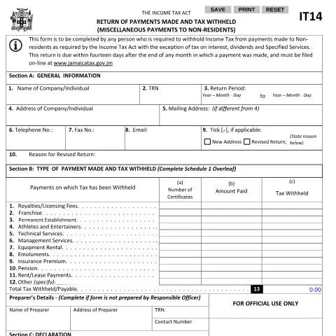 Document preview: Understanding Jamaica's IT14 Payment and Tax Withholding Form — Government & admin (CERFA n°IT14_13092017)