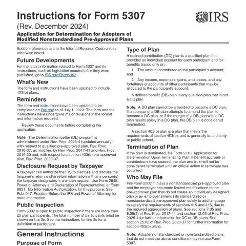 Document preview: Understanding IRS Instructions i5307 for Retirement Plans — Taxes (CERFA n°INST-5307)