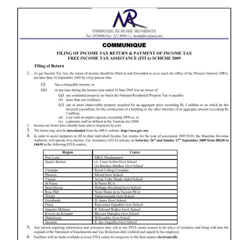 Document preview: Mauritius 2009 Free Income Tax Assistance Scheme Overview — Taxes (CERFA n°Communique_FITA110909)