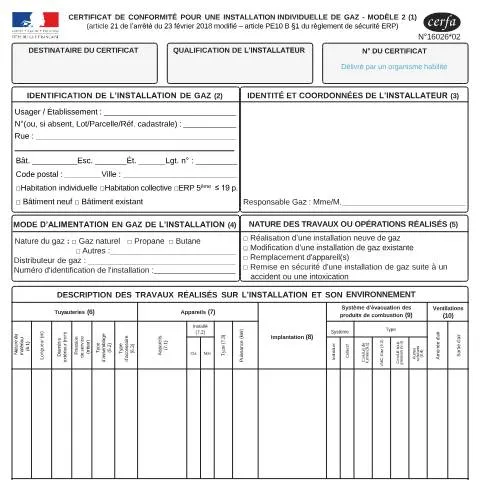 Aperçu du document Certificat de conformité gaz individuel : sécurité garantie — Démarches administratives (CERFA n°16026*02)