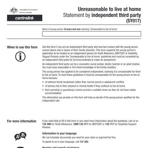 Document preview: Understanding the SY017 Unreasonable to Live at Home Statement — Benefits & social aid (CERFA n°SY017)