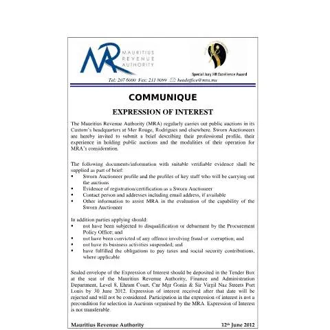Document preview: Understanding the Expression of Interest Document for Auctioneers — Government & admin (ExpressionOFInterest)
