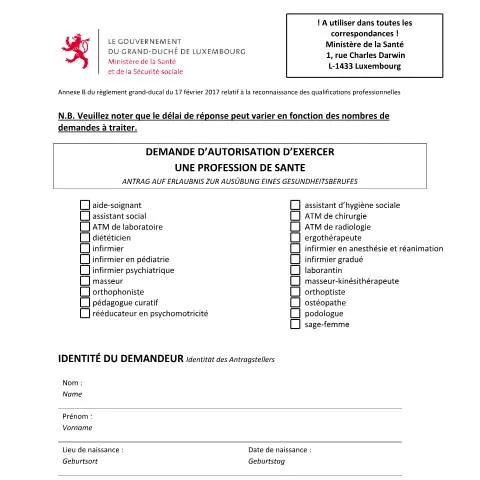 Aperçu du document Obtenez votre autorisation pour les professions de santé au Luxembourg — Santé (CERFA n°autorisation)
