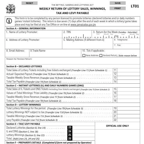 Document preview: Jamaica LT01 Weekly Lottery Reporting Overview — Government & admin (CERFA n°lt01_15112016)