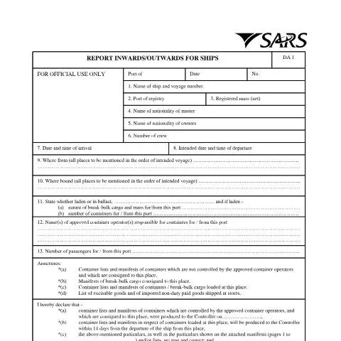 Document preview: Understanding the DA 1 , Report Inwards Outwards for Ships — Government & admin (CERFA n°DA 1)