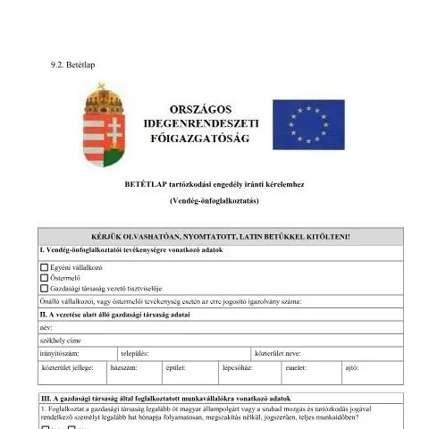 Document preview: A Betétlap szerepe a vendég önfoglalkoztatásban Magyarországon — Bevándorlás & vízumok