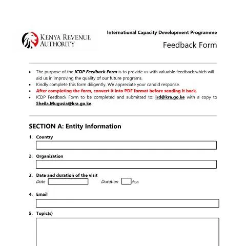 Document preview: Enhancing Tax Administration with KRA ICDP Feedback Form — Government & admin (CERFA n°KRA-ICDP-Feedback-Form)