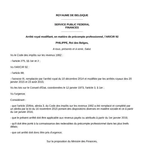 Aperçu du document Règles du précompte professionnel au 1er janvier 2016 — Impôts & fiscalité (CERFA n°700-regles-20160101)