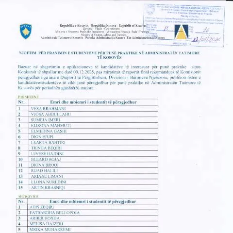 Document preview: Mundësi për punë praktike në Administratën Tatimore të Kosovës — Punë & punësim