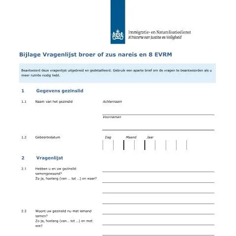 Documentvoorvertoning: Belang van Bijlage Vragenlijst broer of zus nareis in IND-procedure — Gezin (CERFA n°7177)